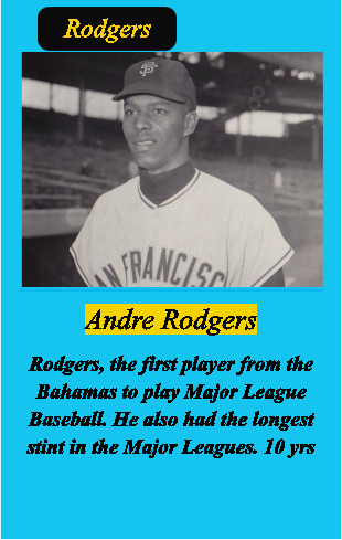 Andre Rodgers  Rodgers, the first player from the Bahamas to play Major League Baseball. He also had the longest stint in the Major Leagues. 10 yrs     Rodgers